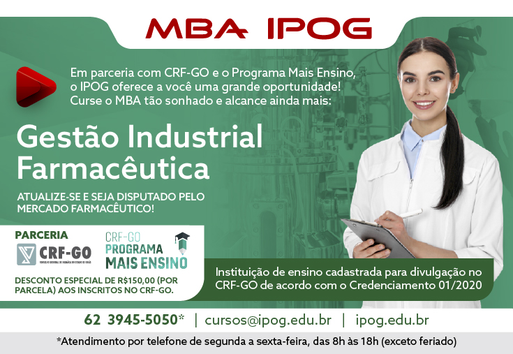 CRF-GO | IPOG oferece desconto em MBA 'Gestão Industrial Farmacêutica'