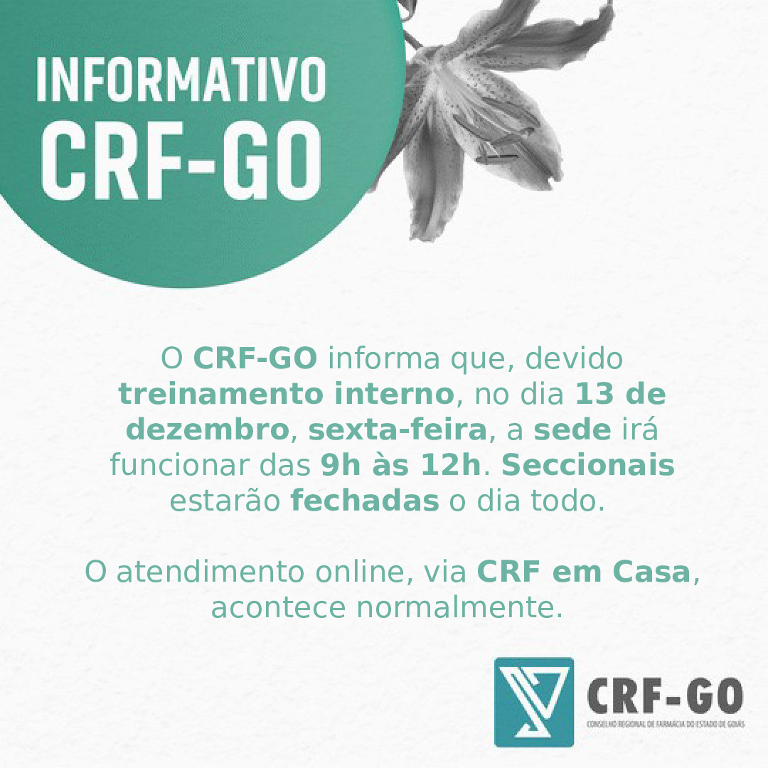 CRF-GO | Atenção para horários de atendimento do CRF-GO no dia 13/12
