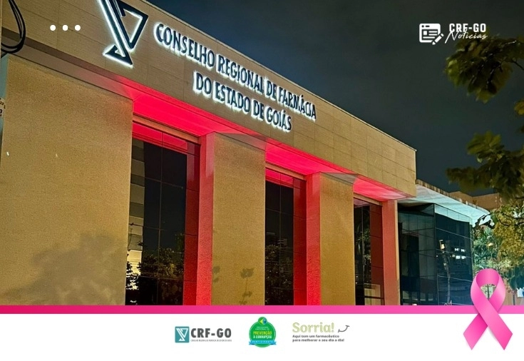 CRF-GO | Fachada do CRF-GO é iluminada de rosa em apoio à Campanha Outubro Rosa